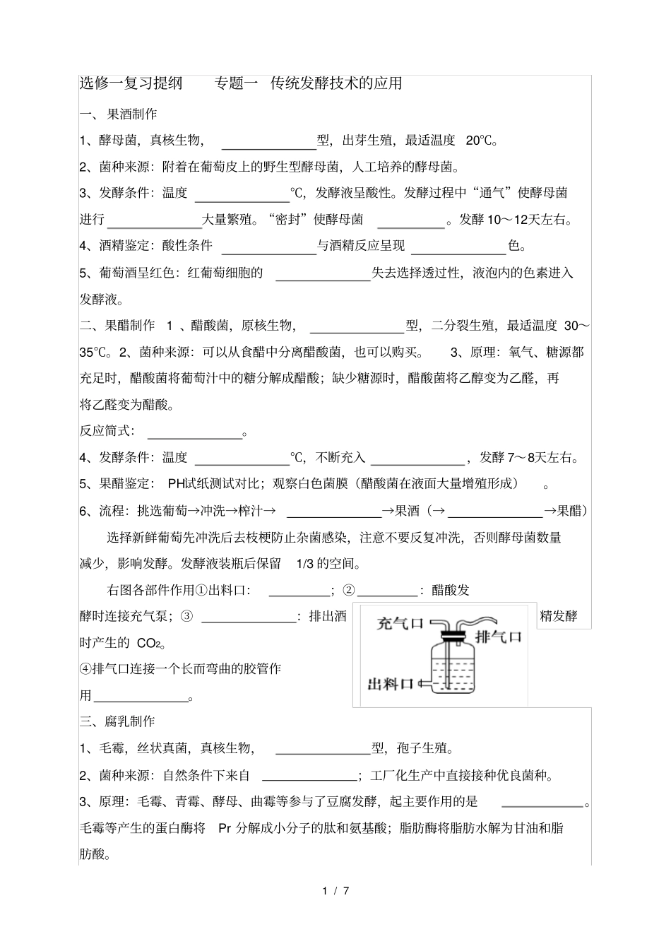 人教版生物选修1知识提纲填空版_第1页