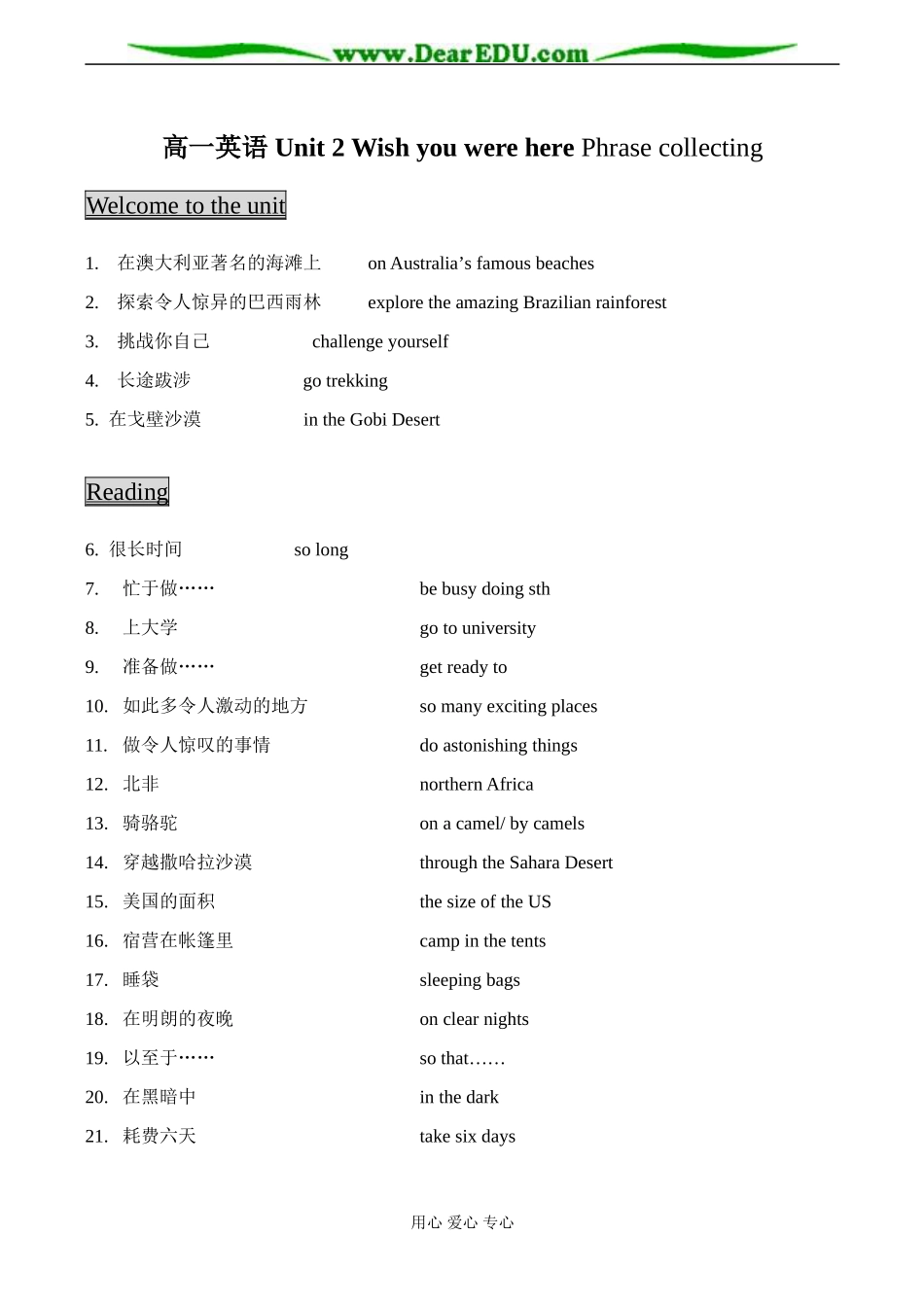 高一英语 Unit 2 Wish you were here Phrase collecting_第1页