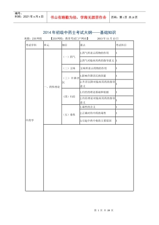 X年初级中药士考试大纲