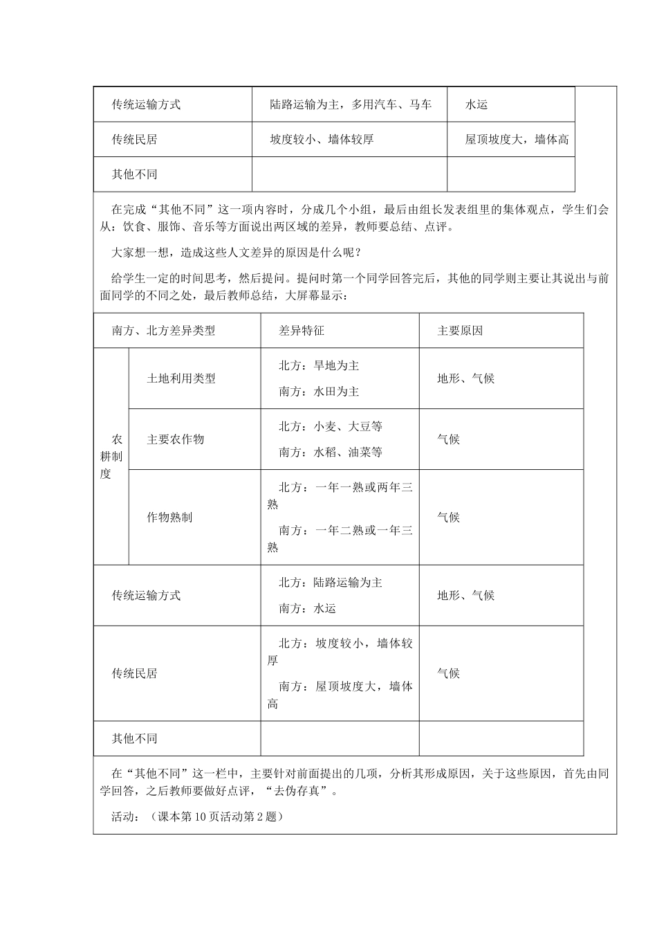 山东省枣庄市峄城区吴林街道中学八年级地理下册《第五单元 时北方地区与南方地区第2课时》教案 商务星球版_第3页