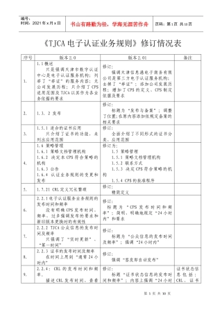 《TJCA电子认证业务规则》修订情况表