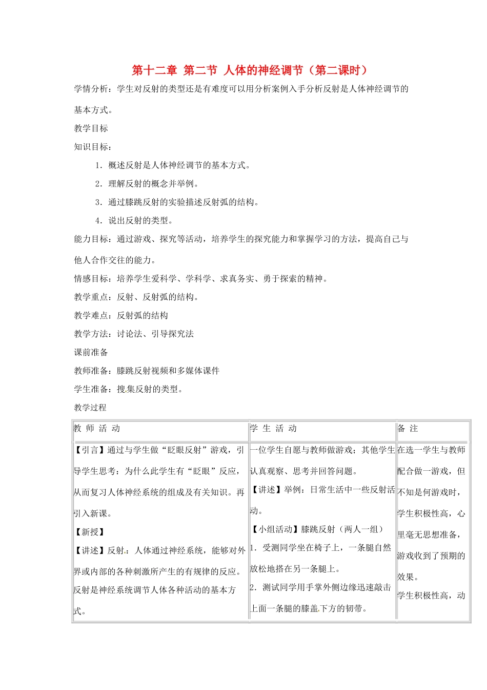 辽宁省辽阳市第九中学七年级生物下册 第十二章 第二节 人体的神经调节（第二课时）教案 苏教版_第1页