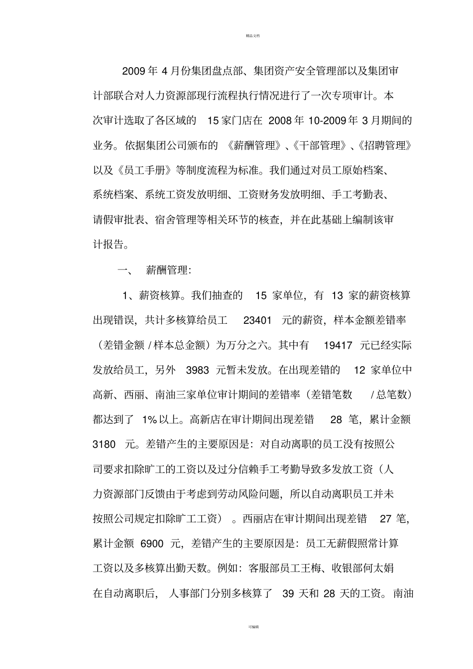 人力资源部审计报告20090403_第1页