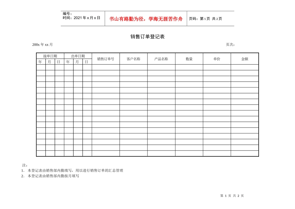 上海香溢酒业公司销售订单登记表_第1页