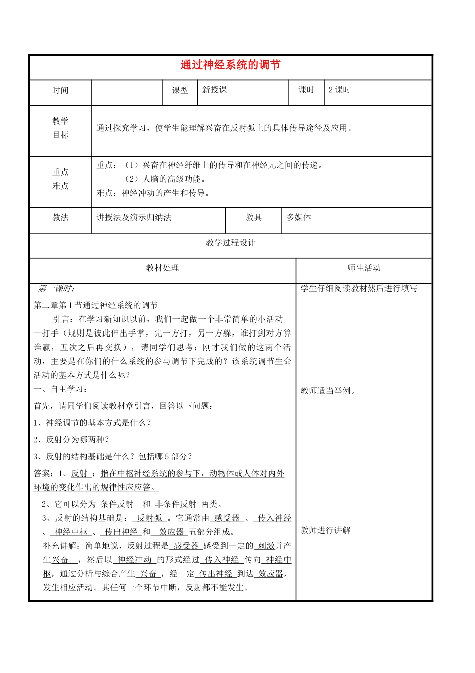 高中生物 第二章 动物和人体生命活动的调节 2.1 通过神经系统的调节教案 新人教版必修3-新人教版高二必修3生物教案_第1页