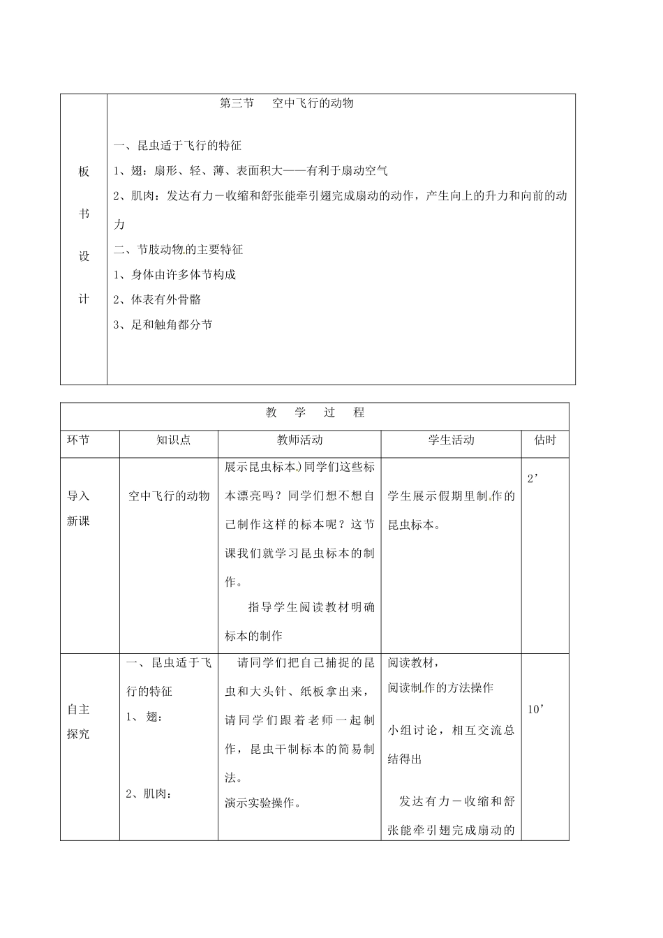 山东省临沭县第三初级中学八年级生物上册 空中飞行的动物（第2课时）教案 新人教版_第2页