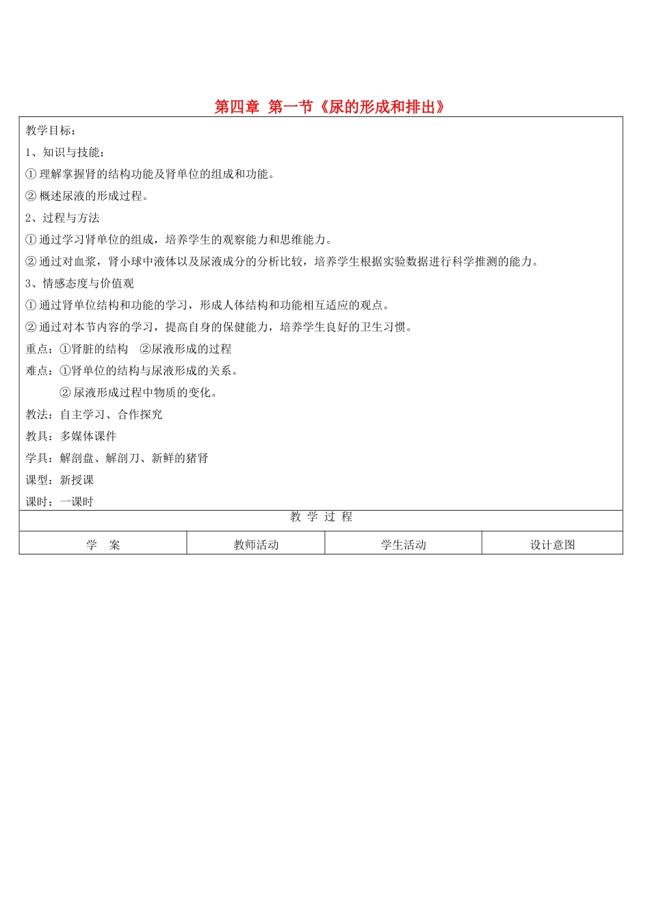 七年级生物下册 人尿的形成与排出教案 济南版_第1页