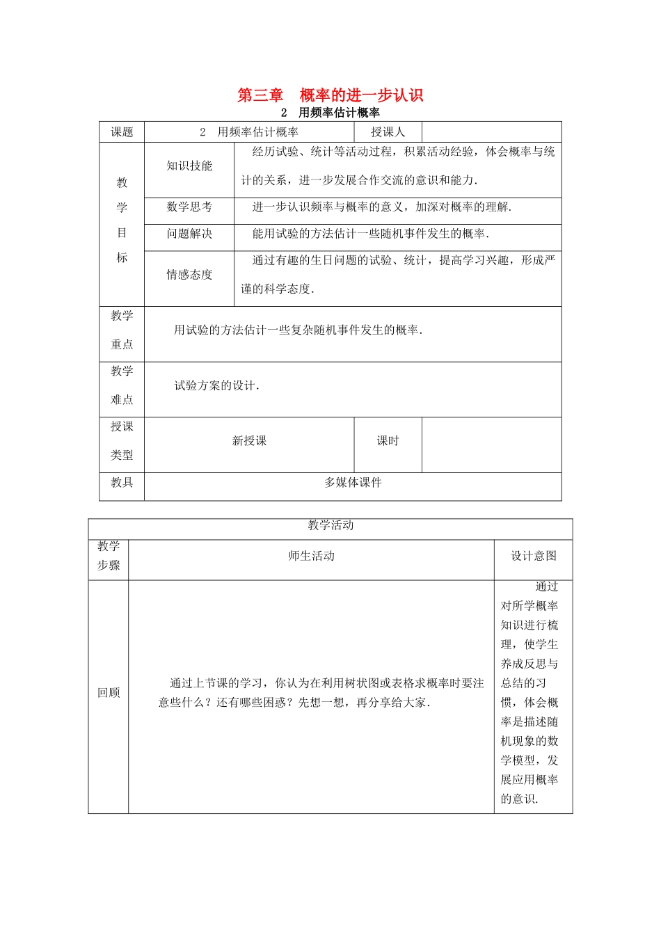 秋九年级数学上册 第三章 概率的进一步认识 3.2 用频率估计概率教学设计 （新版）北师大版-（新版）北师大版初中九年级上册数学教案_第1页