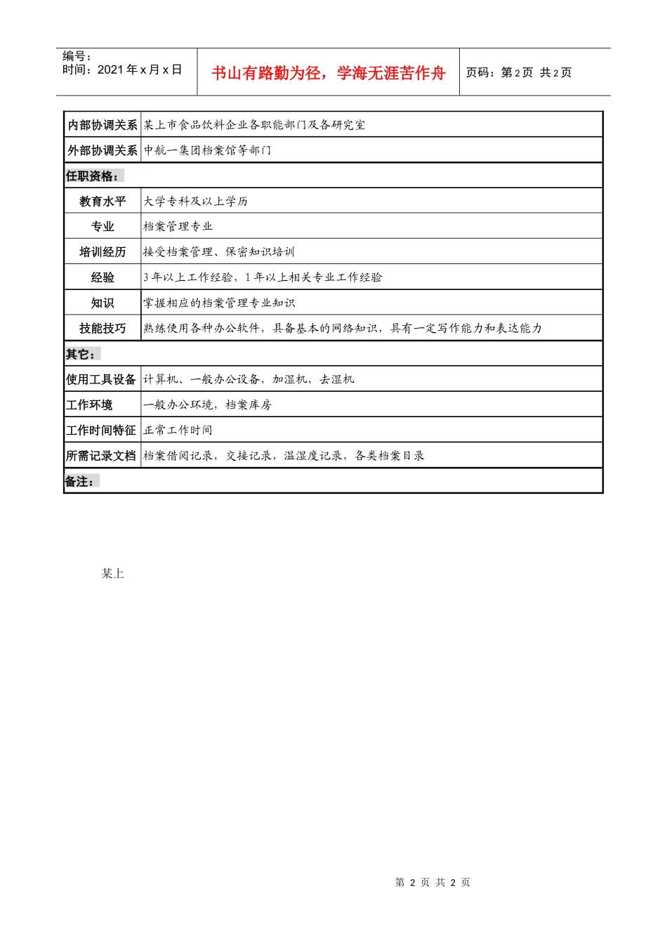上市食品饮料企业档案管理员职务说明书_第2页
