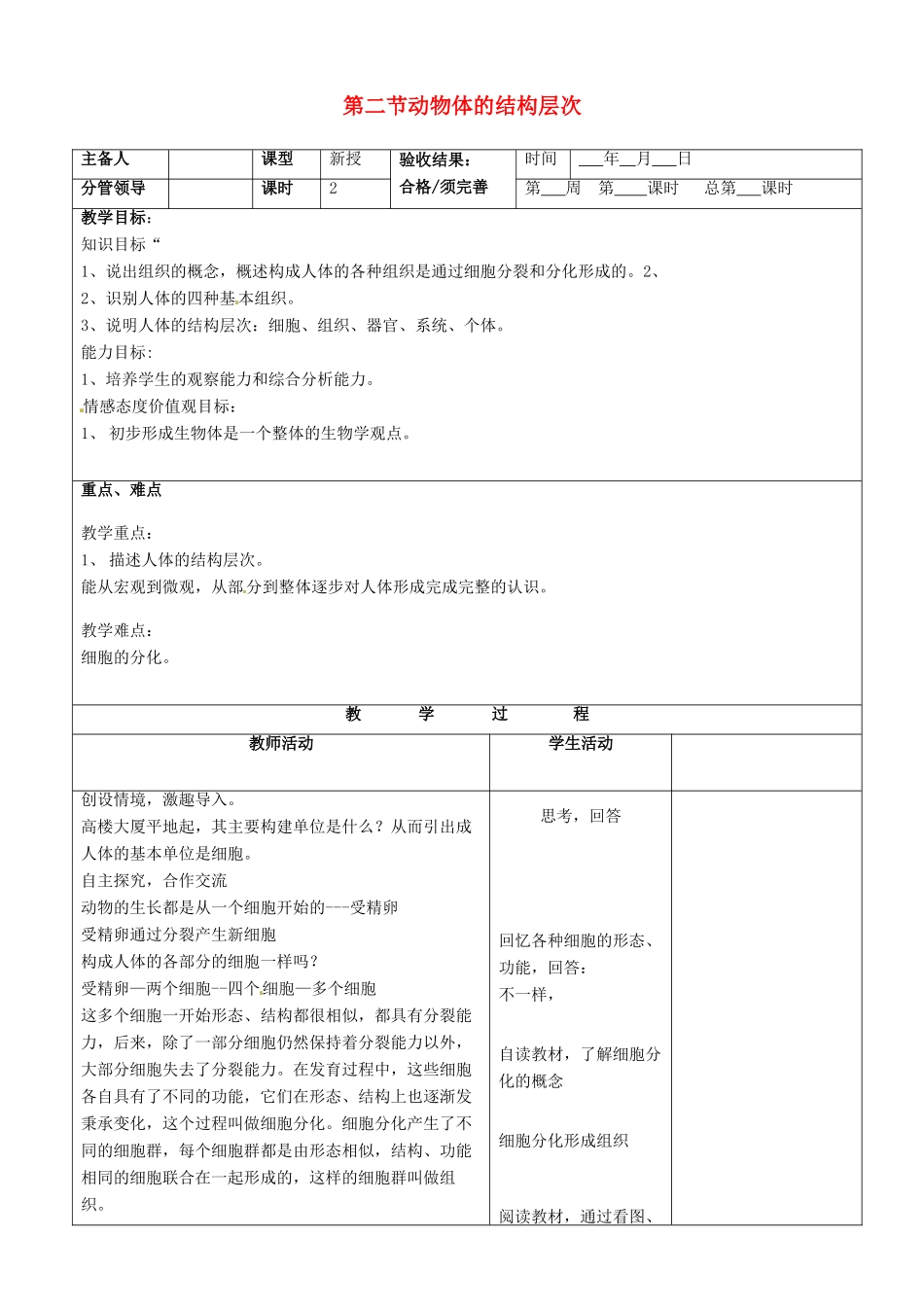 山东省郯城第三中学七年级生物上册 第二节 动物体的结构层次教案 新人教版_第1页