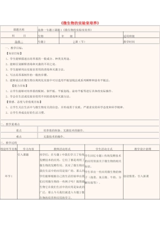 高中生物下学期第2周 微生物的实验室培养教学设计 选修一-人教版高中选修生物教案