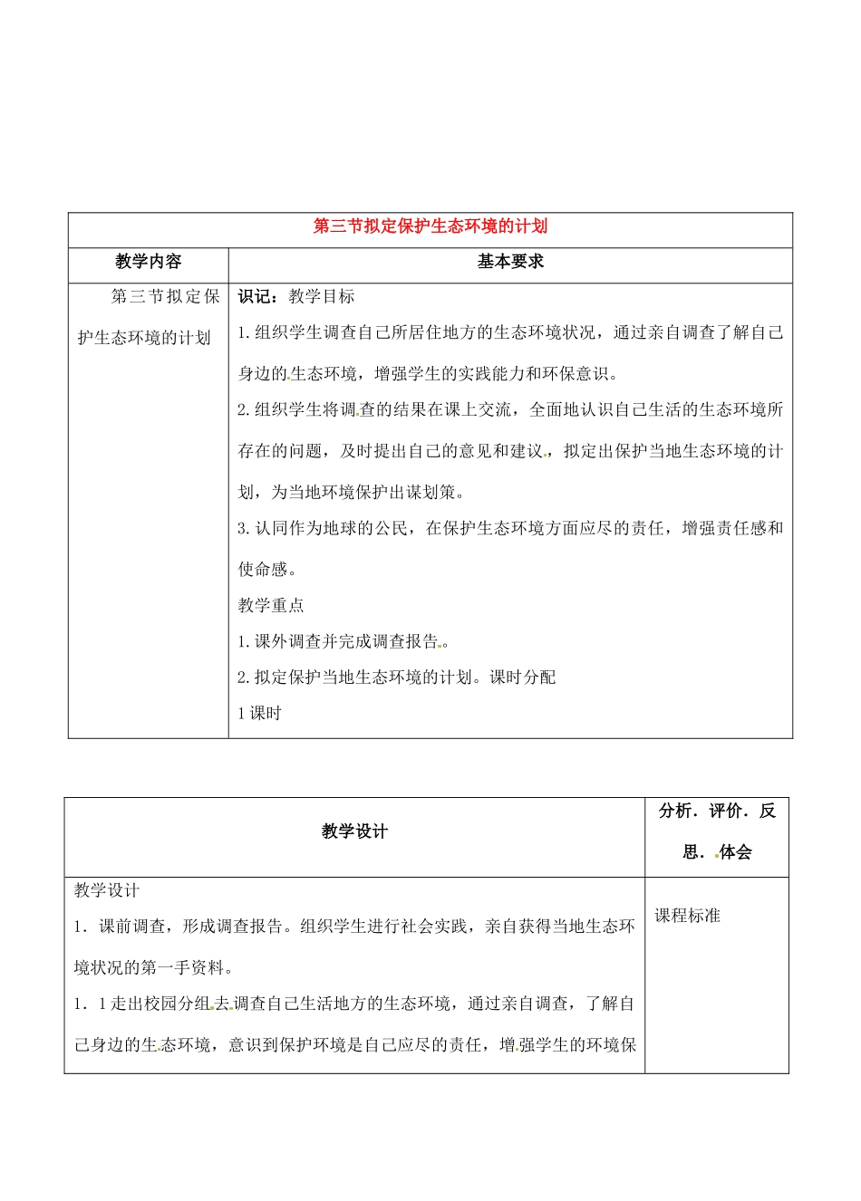 七年级生物下册 第7章第3节拟定保护生态环境的计划教案 人教新课标版_第1页