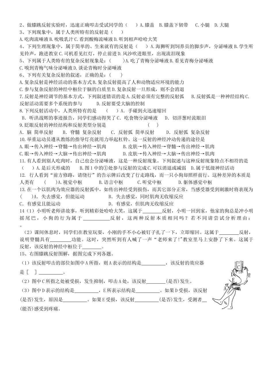 七年级生物下册 3.5.3 神经调节的基本方式导学案（无答案）（新版）济南版_第2页