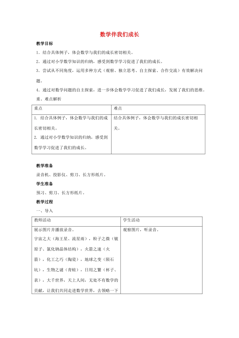 七年级数学上册 第一章 走进数学世界 1 数学伴我们成长教学设计 （新版）华东师大版-（新版）华东师大版初中七年级上册数学教案_第1页