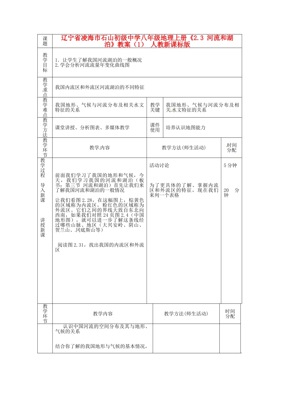 辽宁省凌海市石山初级中学八年级地理上册《2.3 河流和湖泊》教案（1） 人教新课标版_第1页