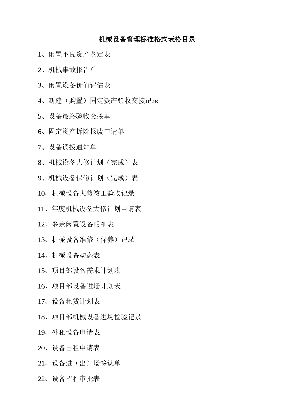 XXXX机械设备标准化表格_第1页