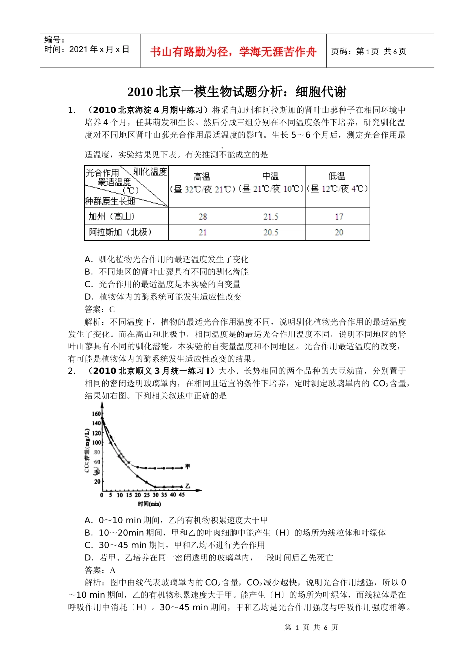 XXXX北京一模生物试题分析：细胞代谢_第1页