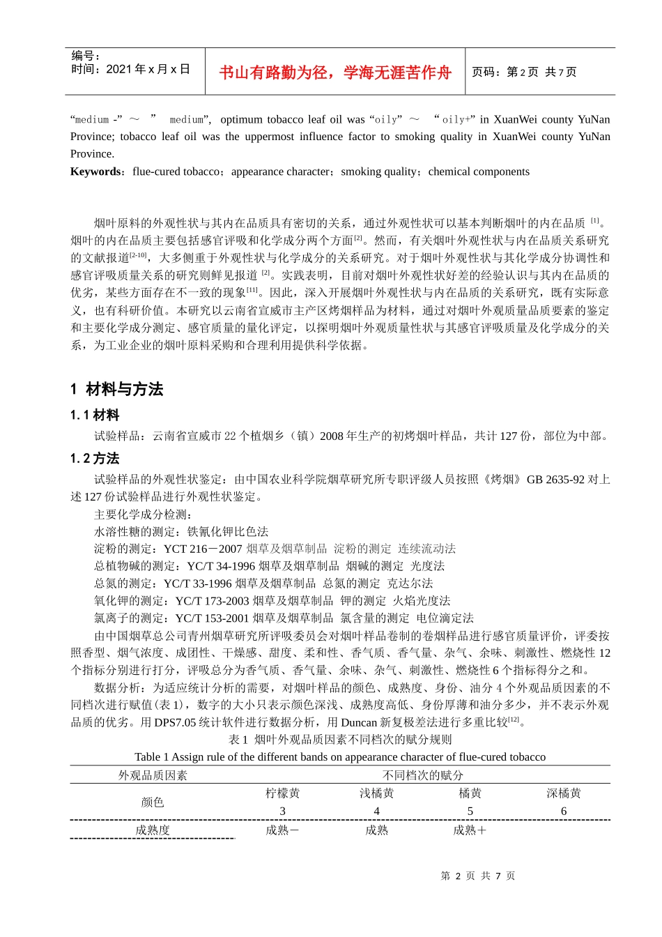 云南宣威初烤烟叶外观性状与内在品质的关系研究(1)_第2页