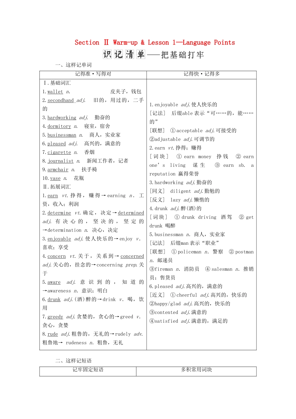 高中英语 Unit 10 Money Section Ⅱ Warm-up  Lesson 1—Language Points教案（含解析）北师大版必修4-北师大版高一必修4英语教案_第1页