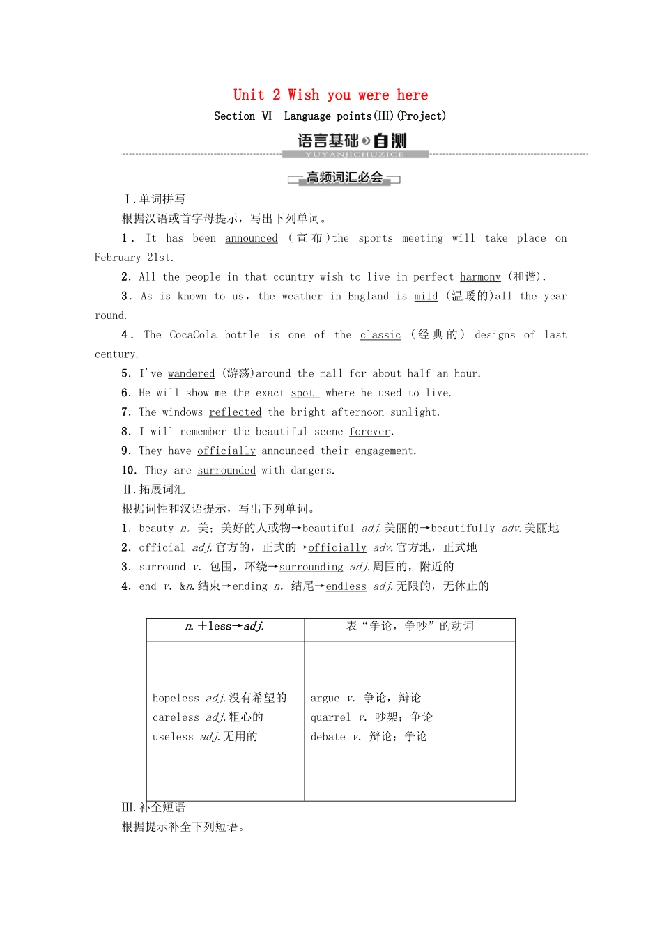 高中英语 Unit 2 Wish you were here Section Ⅵ Language points（Ⅲ）（Project）（教师用书）教案 牛津译林版必修2-牛津版高一必修2英语教案_第1页