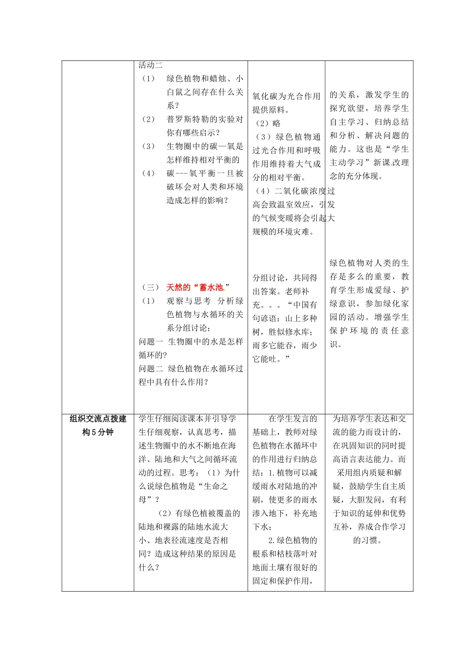 七年级生物上册 第二单元 第一章 第五节 绿色植物在生物圈中的作用教案 （新版）济南版-（新版）济南版初中七年级上册生物教案_第3页