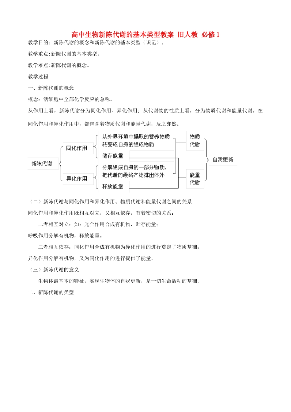 高中生物新陈代谢的基本类型教案 旧人教 必修1_第1页