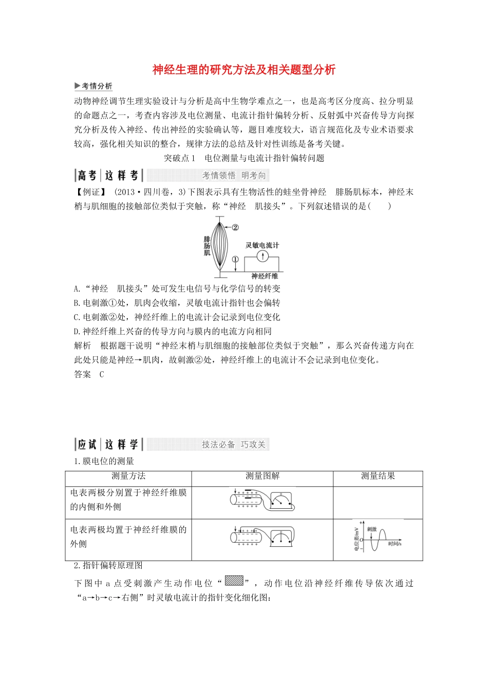 高考生物一轮复习 第十单元 生物群体的稳态与调节 考点加强课5 神经生理的研究方法及相关题型分析教案 中图版必修3-中图版高三必修3生物教案_第1页
