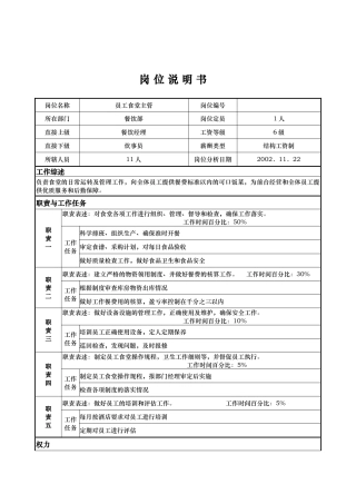 x国际大酒店餐饮部岗位说明书-员工食堂主管(doc)