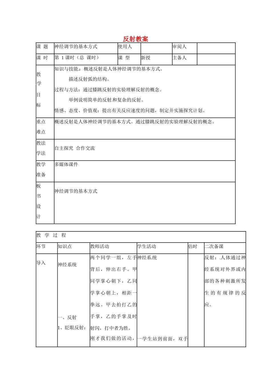 山东省临沭县第三初级中学七年级生物下册 反射教案 新人教版_第1页