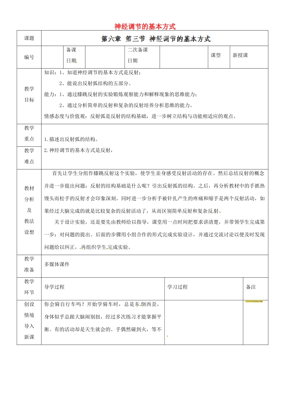 山东省临沂市蒙阴县第四中学七年级生物下册 4.6.3 神经调节的基本方式教案 （新版）新人教版_第1页