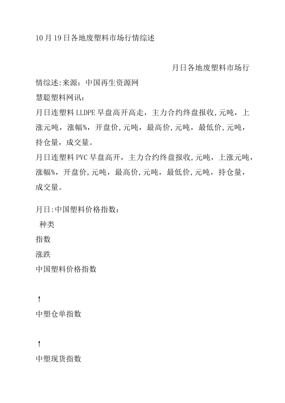 10月19日各地废塑料市场行情综述_第1页