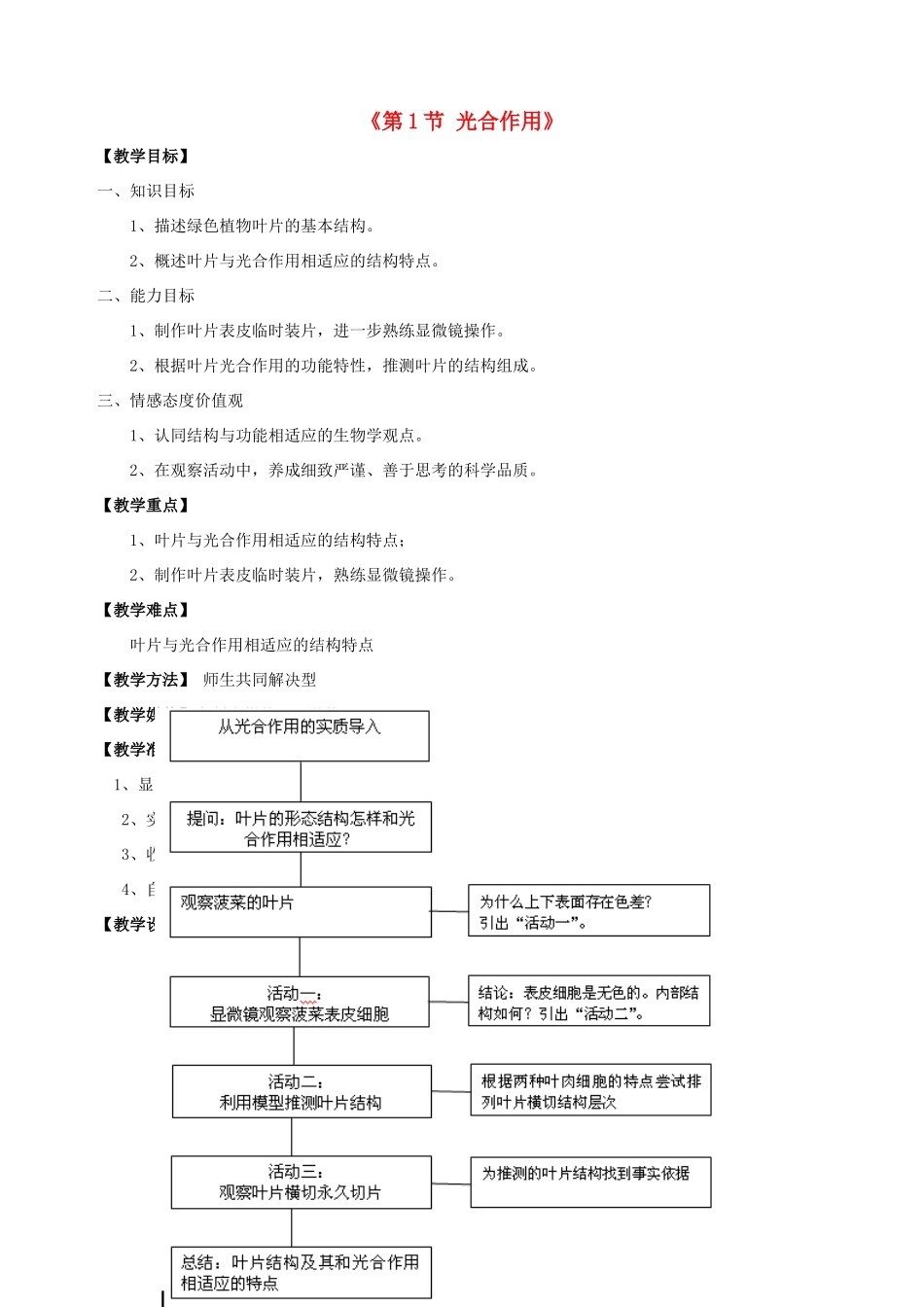 七年级生物上册 第5章 第1节 光合作用教案1 北师大版_第1页