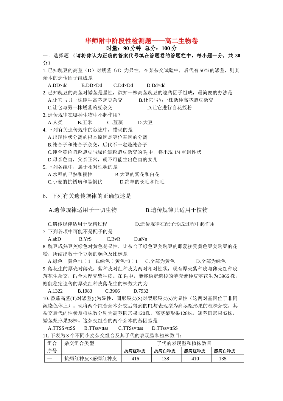 高二生物华师附中阶段性检测题——卷教案新人教版必修2_第1页