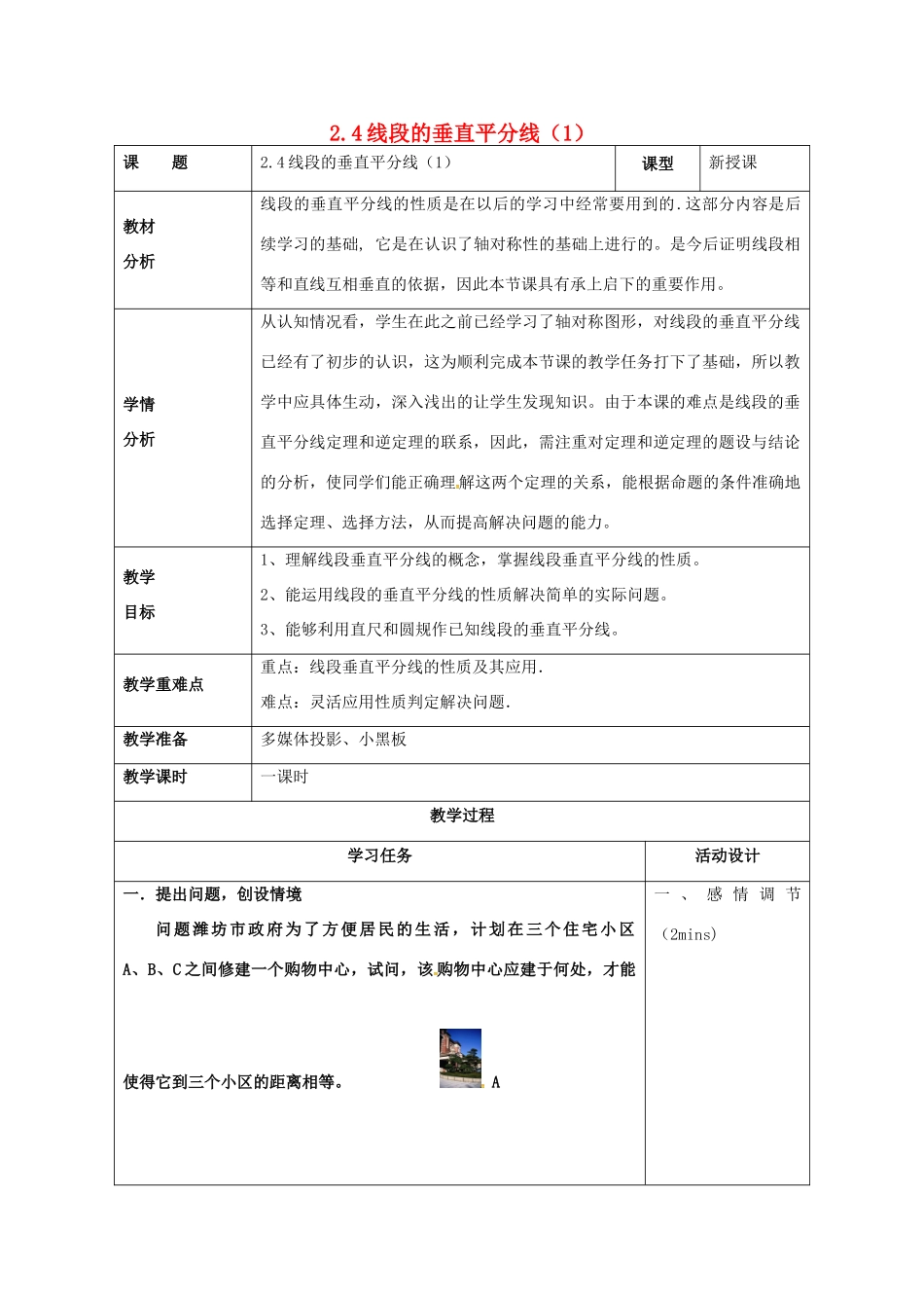山东省潍坊高新技术产业开发区八年级数学上册 2.4 线段的垂直平分线（1）教案 （新版）青岛版-（新版）青岛版初中八年级上册数学教案_第1页