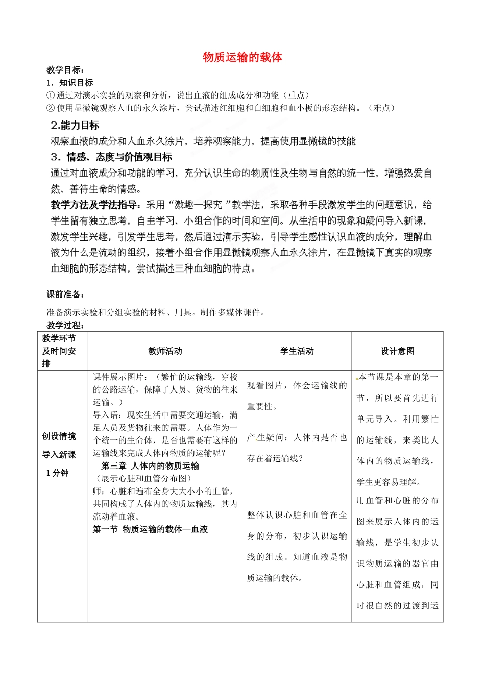 七年级生物下册 第3单元 第3章 第1节 物质运输的载体（第1课时）教案1 （新版）济南版_第1页