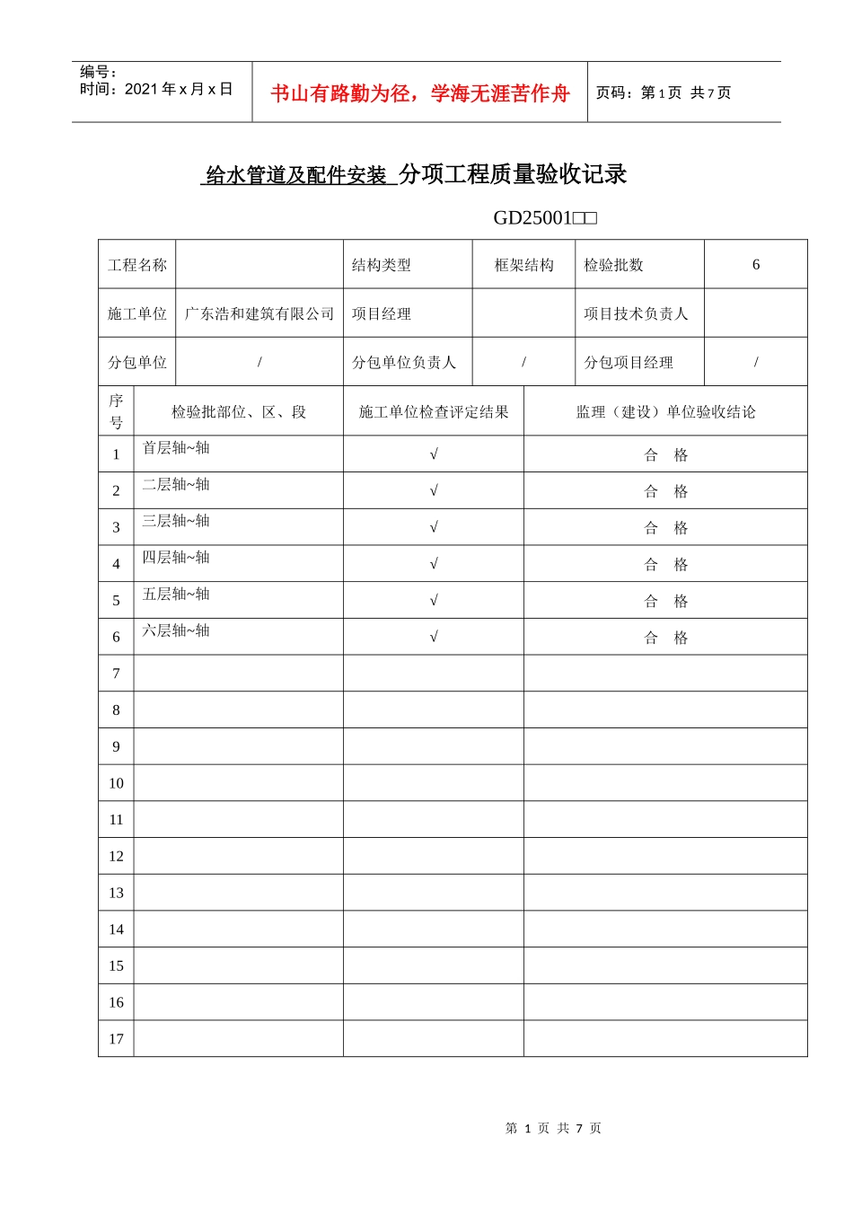 A5给排水分项工程质量验收记录_第1页