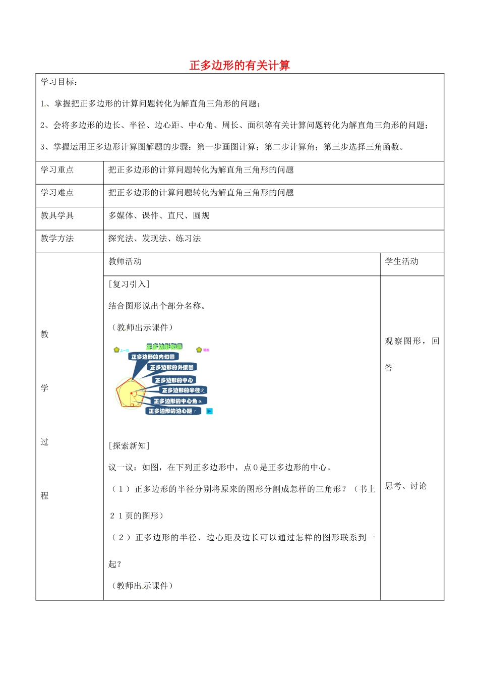 九年级数学下册 24.4 正多边形的有关计算教案2 京改版-人教版初中九年级下册数学教案_第1页