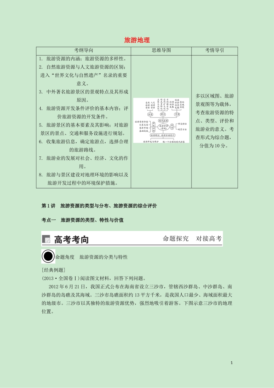 （锁定高考）高考地理一轮总复习 旅游地理 第1讲 旅游资源的类型与分布、旅游资源的综合评价讲义（含解析）新人教版选修3-新人教版高三选修3地理教案_第1页