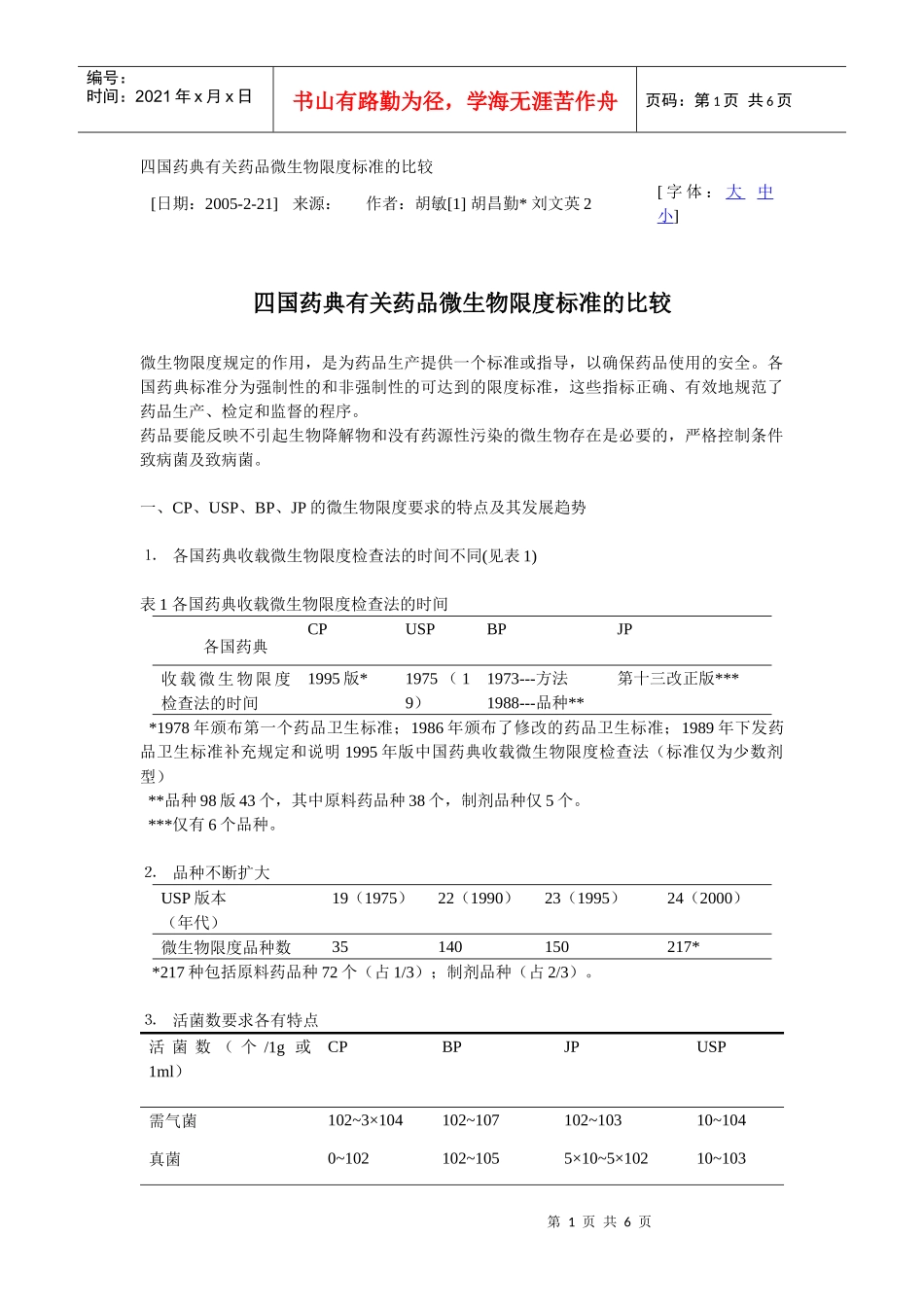 中、日、美、英四国药典有关药品微生物限度标准的比较_第1页