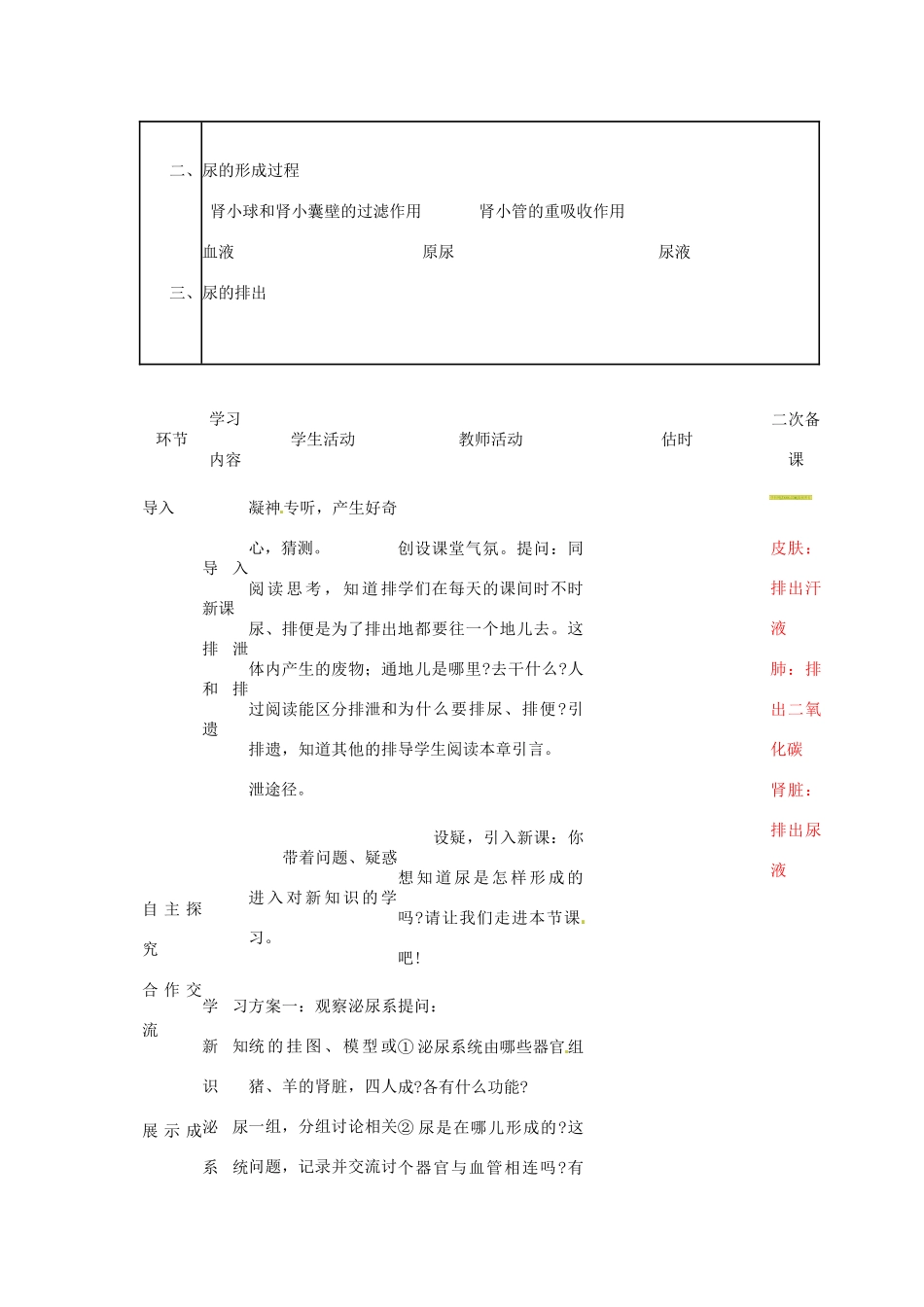山东省临沭县第三初级中学七年级生物下册 人体内废物的排出教案 新人教版_第2页