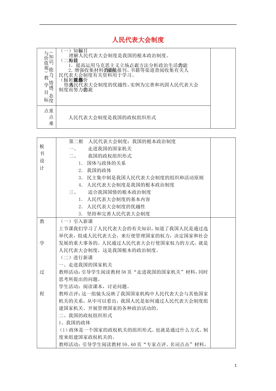 《人民代表大会制度》教案（1）_第1页