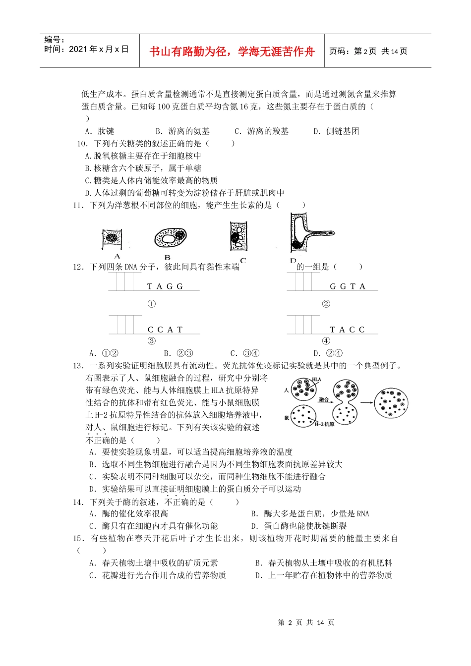 上海长宁区X年高三年级教学质量检测生物试卷_第2页