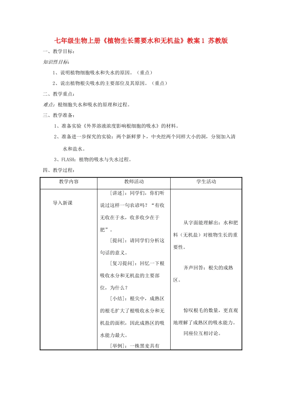 七年级生物上册《植物生长需要水和无机盐》教案1 苏教版_第1页