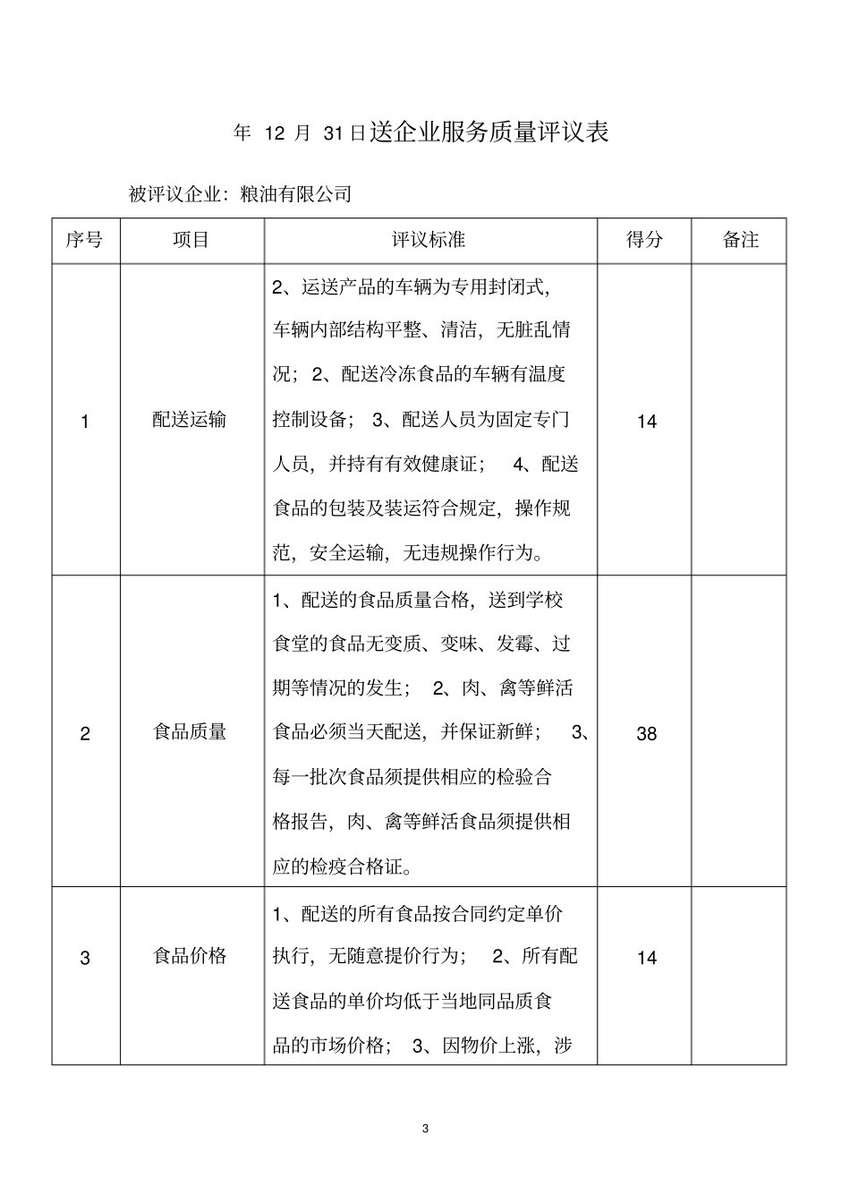 学校大宗食品原料统一配送企业服务质量评议表_第3页
