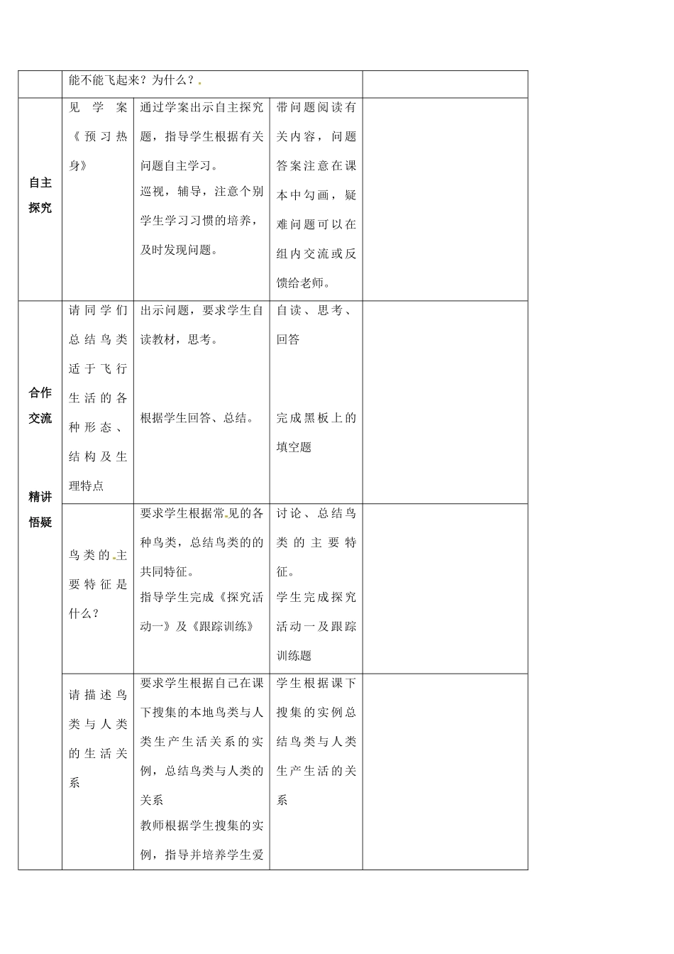 山东省宁阳县第二十五中学八年级生物上册《第五单元 第一章 第六节 鸟（第二课时）》教案 （新版）新人教版_第2页