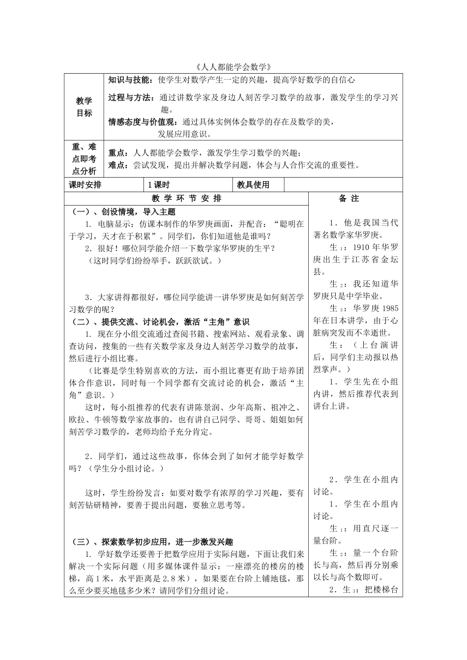 七年级数学上册 1.3 人人都能学会数学教案1 （新版）华东师大版-（新版）华东师大版初中七年级上册数学教案_第1页