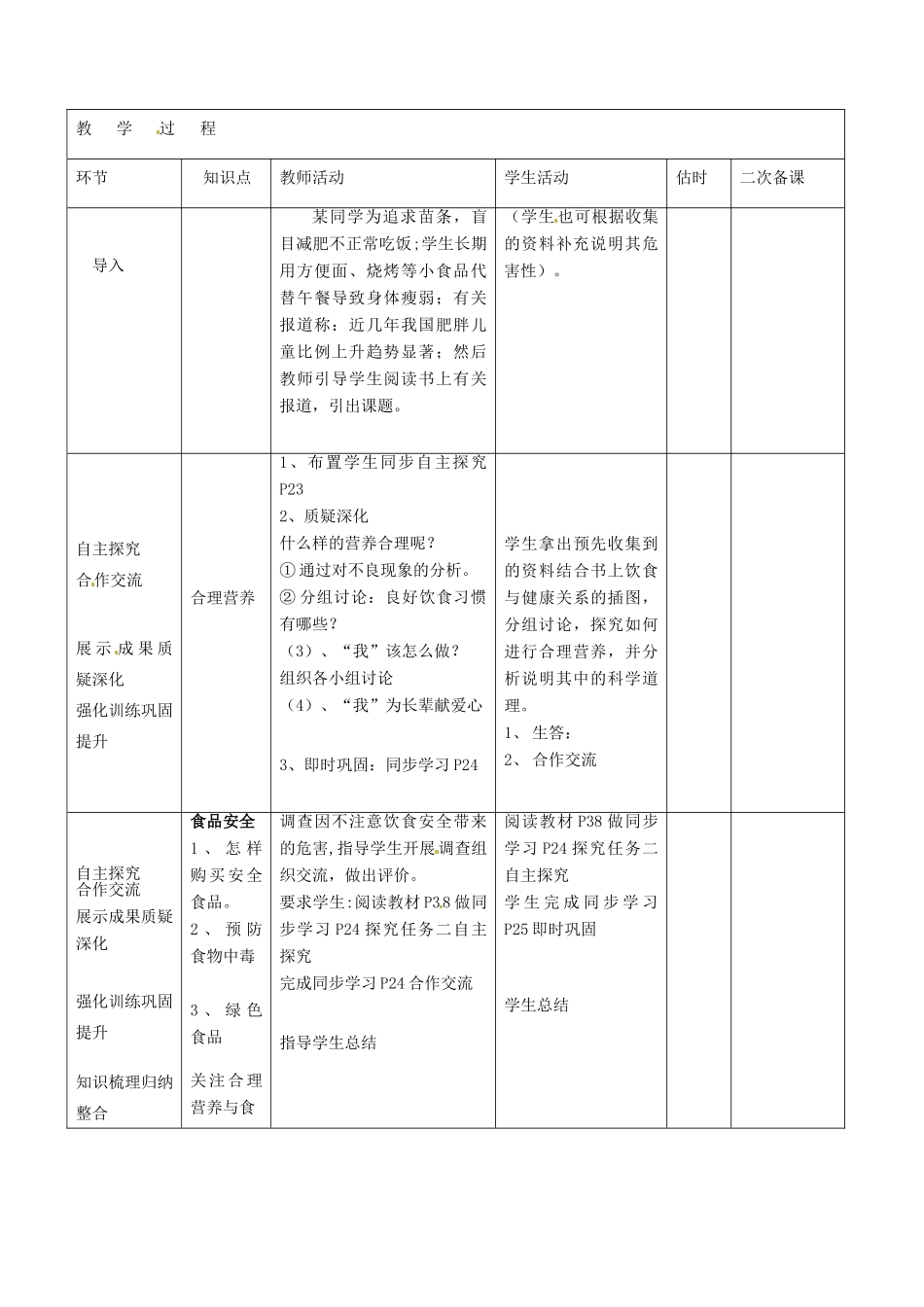 山东省临沭县第三初级中学七年级生物下册《4.2.3关注合理营养与食品安全板》教案 新人教版_第2页