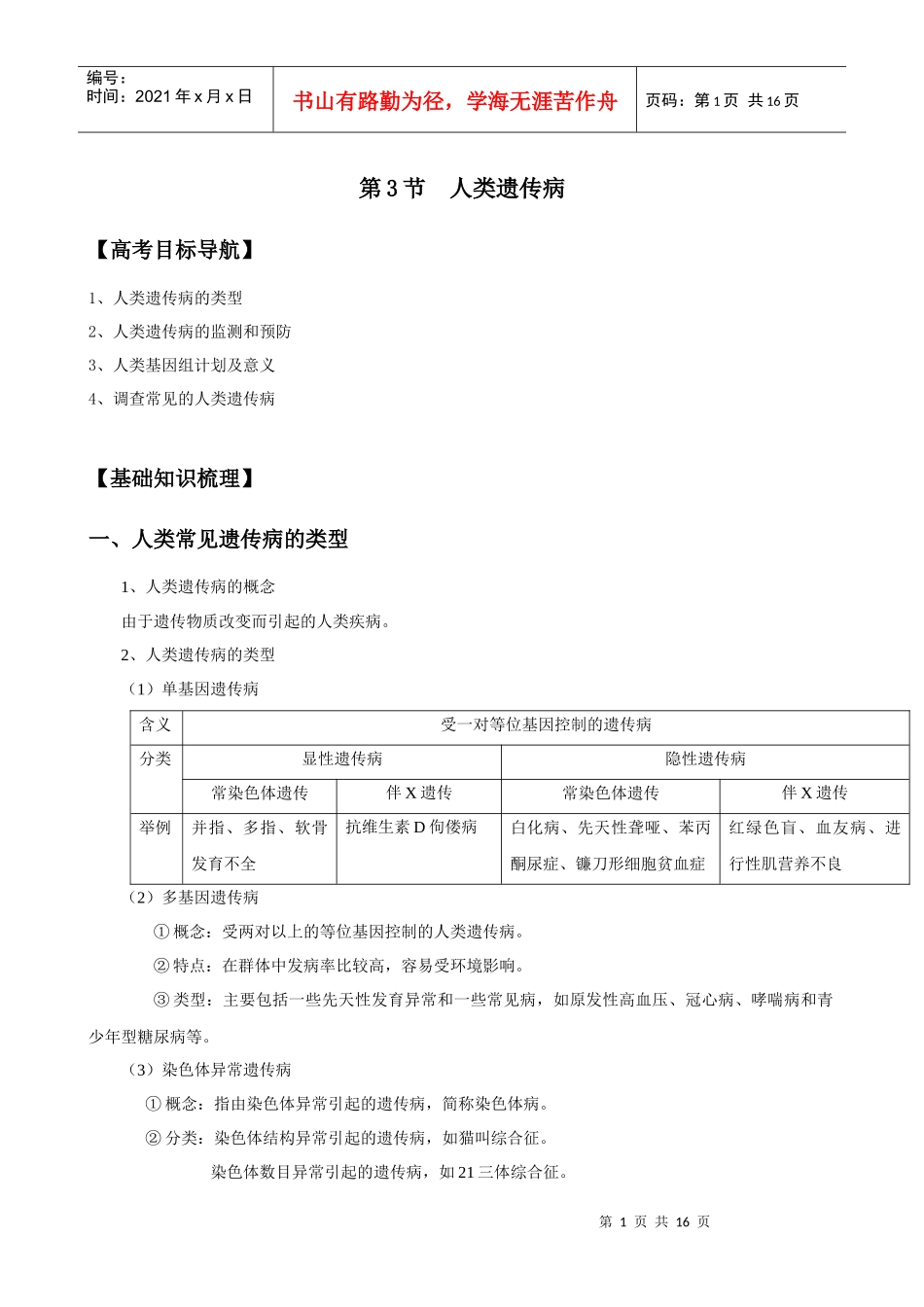 XXXX版生物一轮精品复习学案：53 人类遗传病(必修2)_第1页