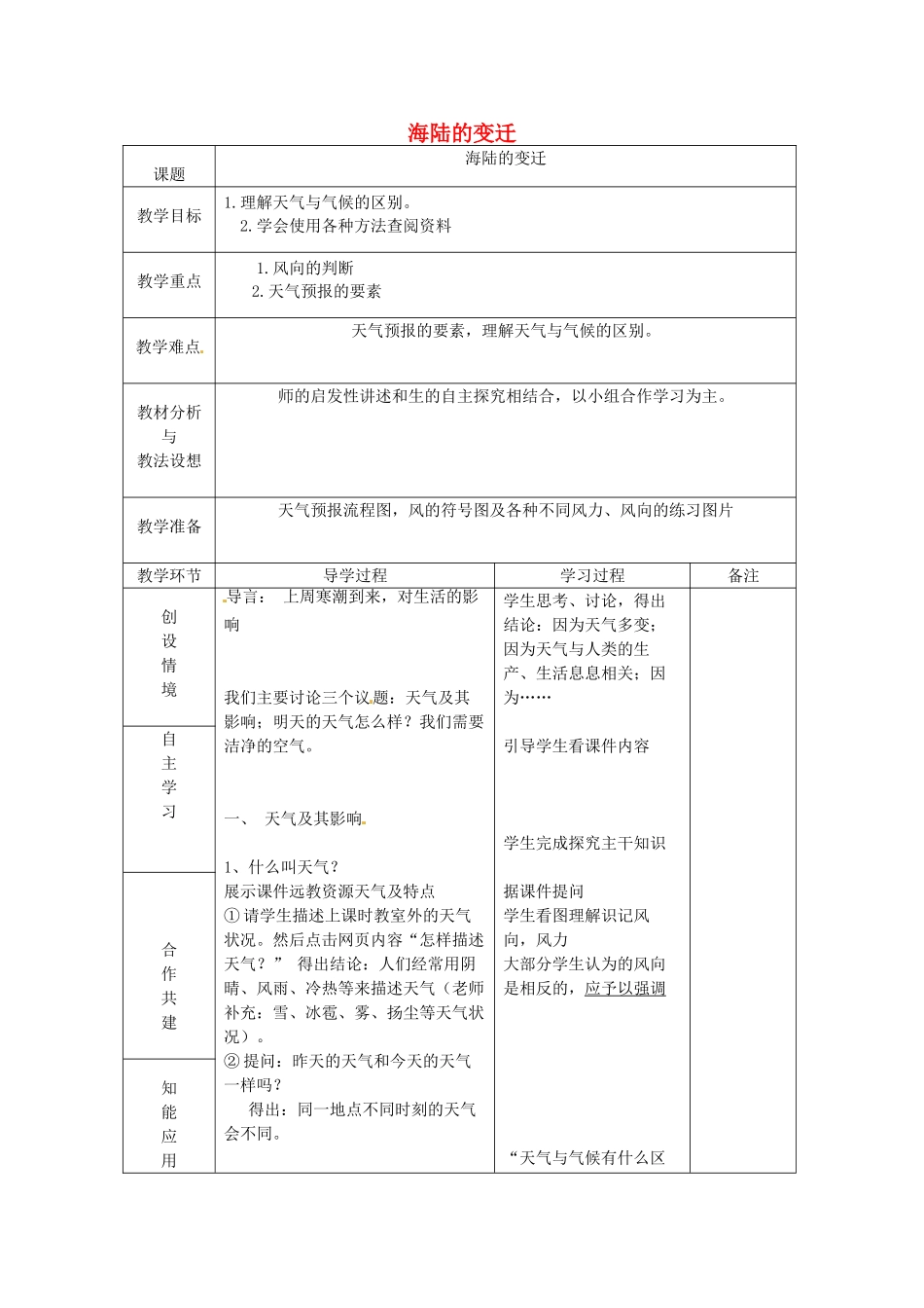 山东省临沂市蒙阴县第四中学八年级地理会考复习 海陆的变迁教案 新人教版_第1页