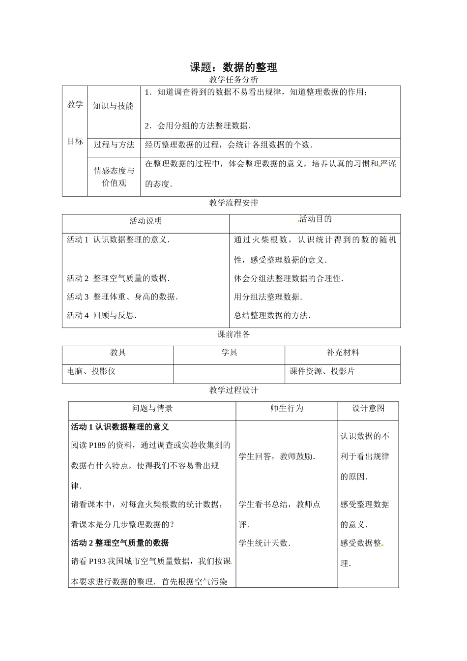 七年级数学下册：12.2 数据的整理（教案）冀教版_第1页
